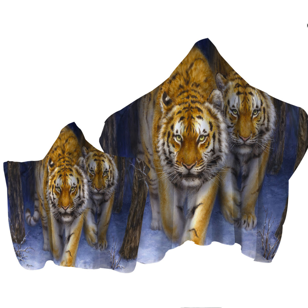 Towel with Hood with Cool Animal Art Two Tigers in the Siberian Forest