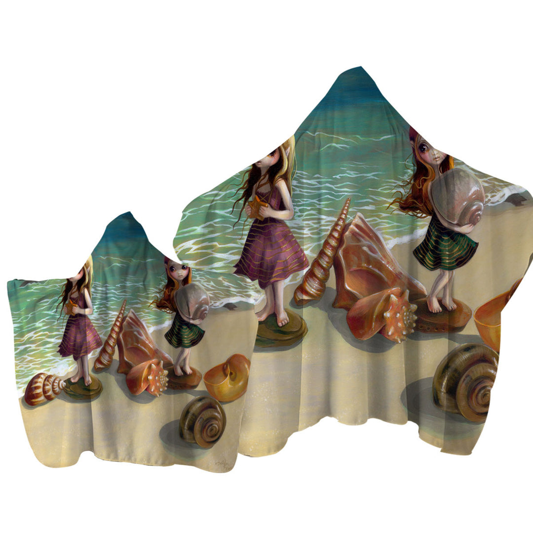 Towel with Hood with Cute Fantasy Girls Collecting Shells By the Seaside