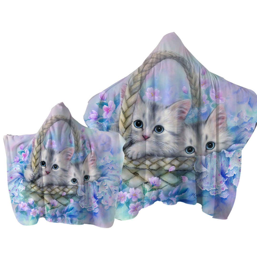 Towel with Hood with Cute Painting for Kids Two Kittens in Flower Basket