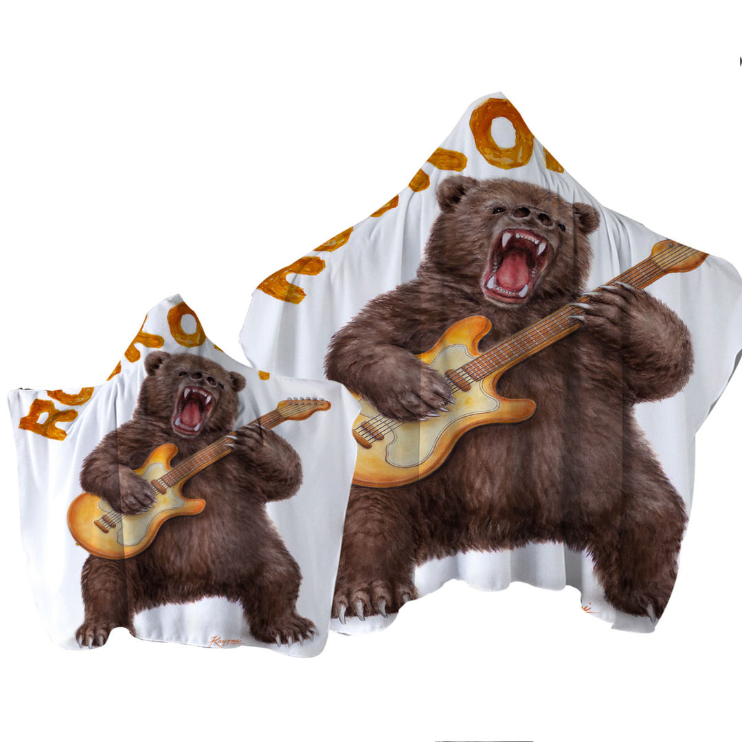 Towel with Hood with Funny Cool Animal Art Rock on Guitar Bear