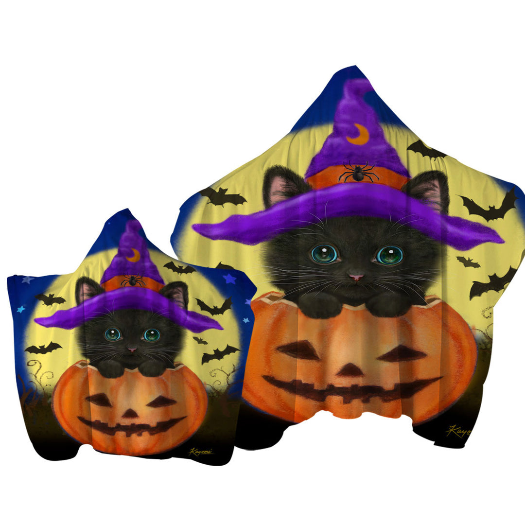 Towel with Hood with Funny Cute Halloween Black Cat in Pumpkin