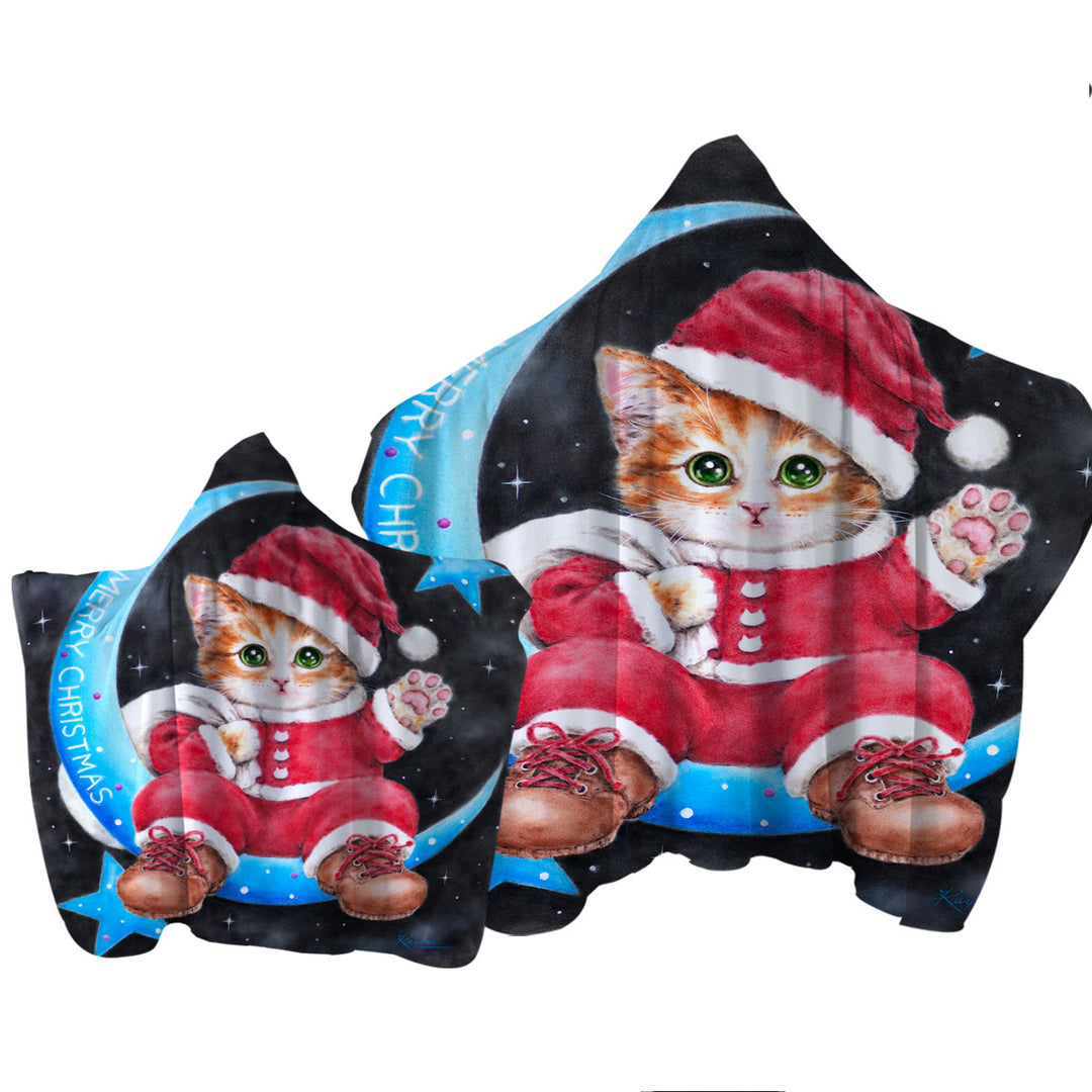 Towel with Hood with Merry Christmas Kitty Cat Santa on the Moon