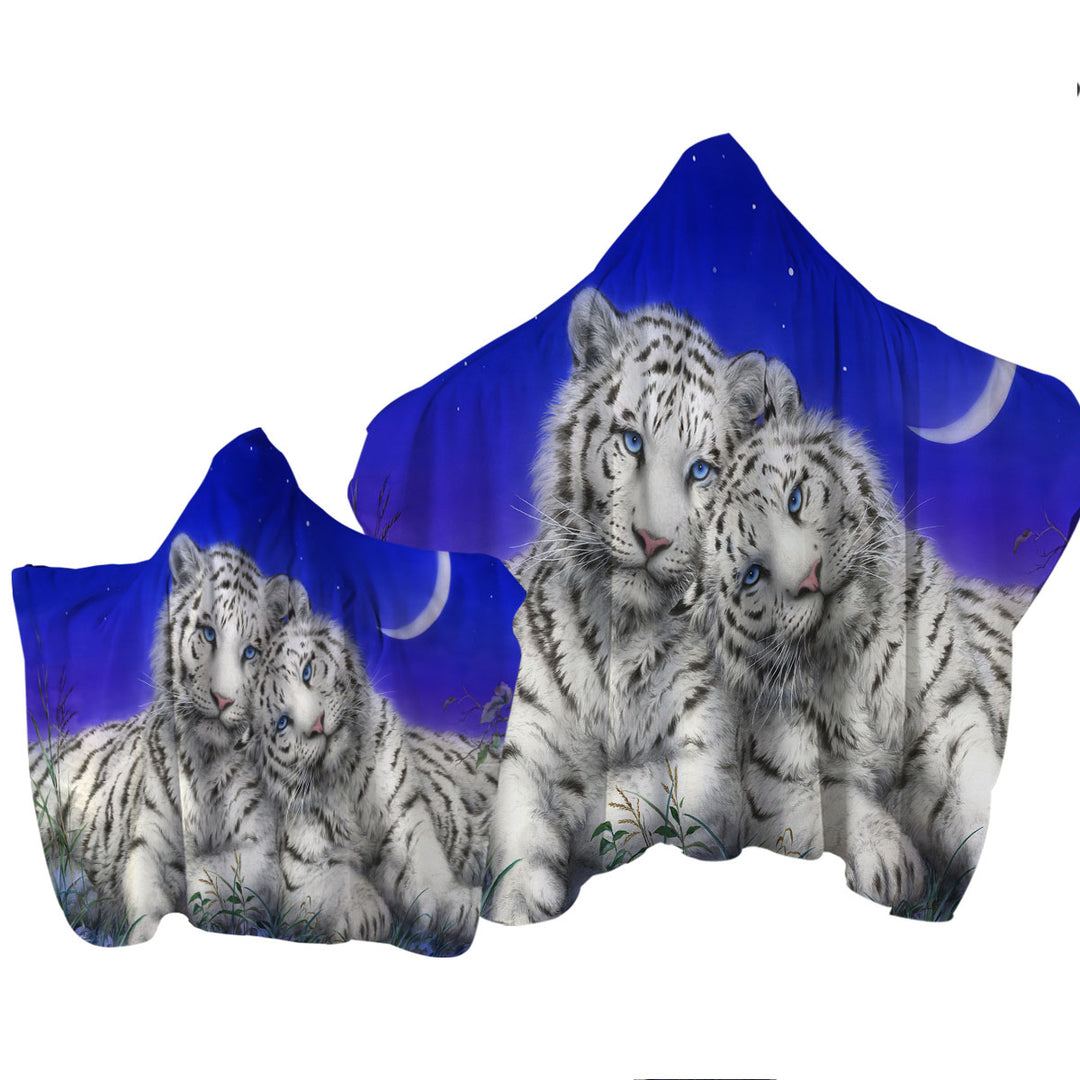 Towel with Hood with White Tigers Moon Lovers at Night