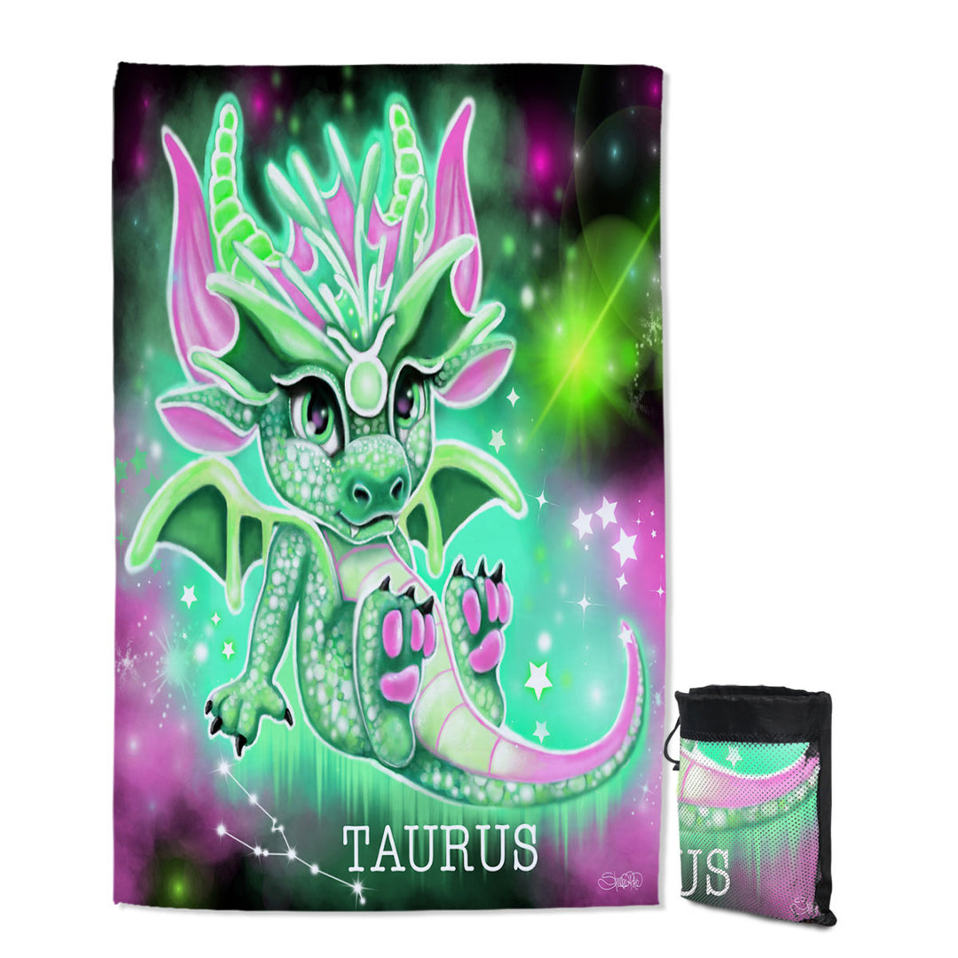 Travel Beach Towel Gift Ideas for Kids Green Sparkling Taurus Lil Dragon