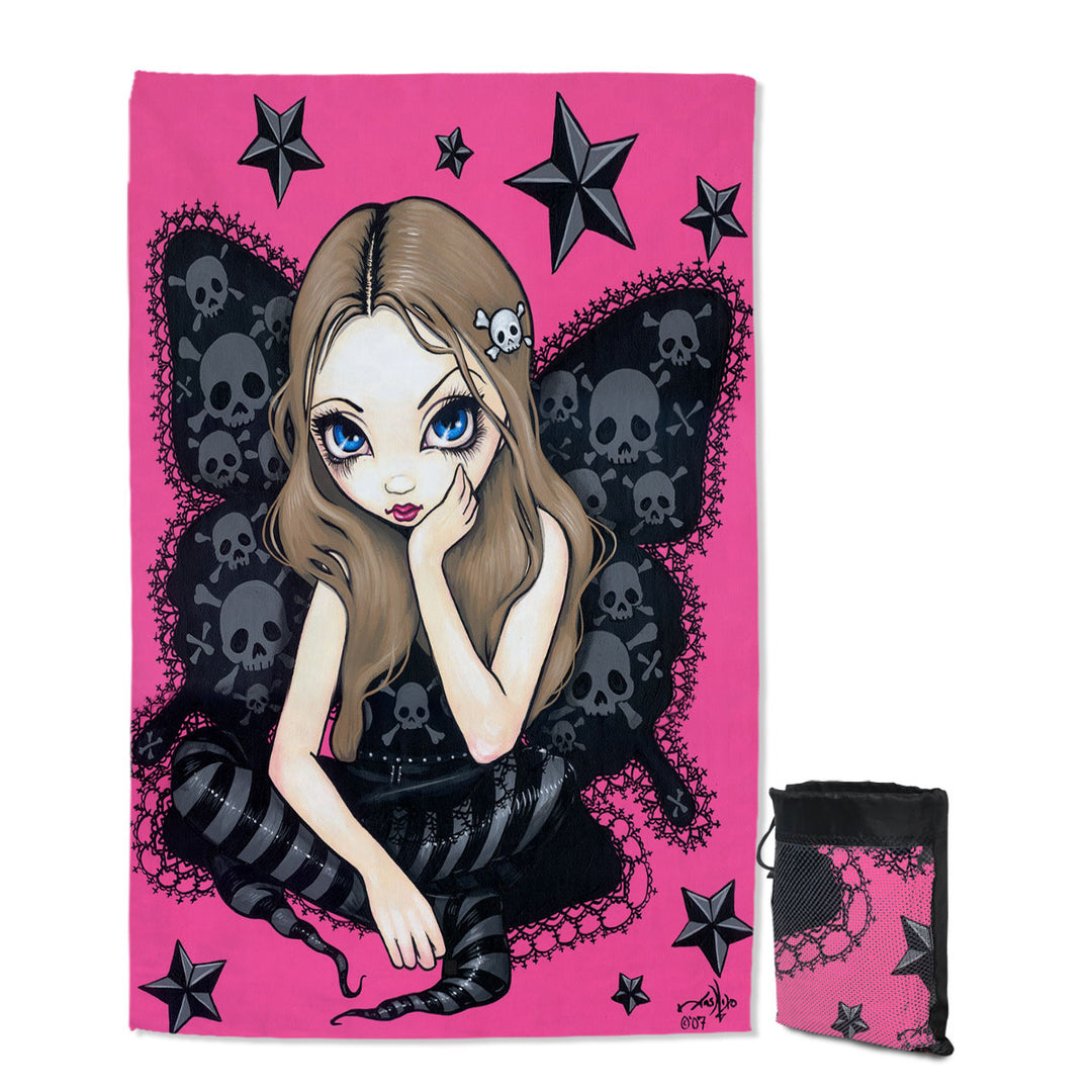 Travel Beach Towel with Beautiful Gothic Girl Skulls and Stars