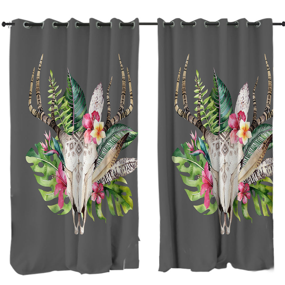 Tropical Flowers and Leaves Deer Skull Drapes for Living Room