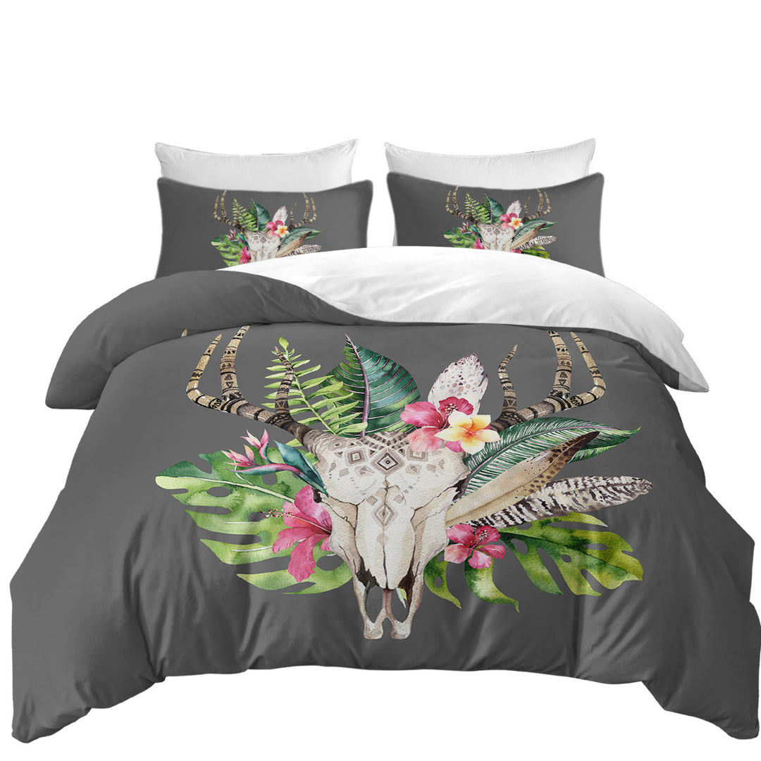 Tropical Flowers and Leaves Deer Skull Duvet Covers