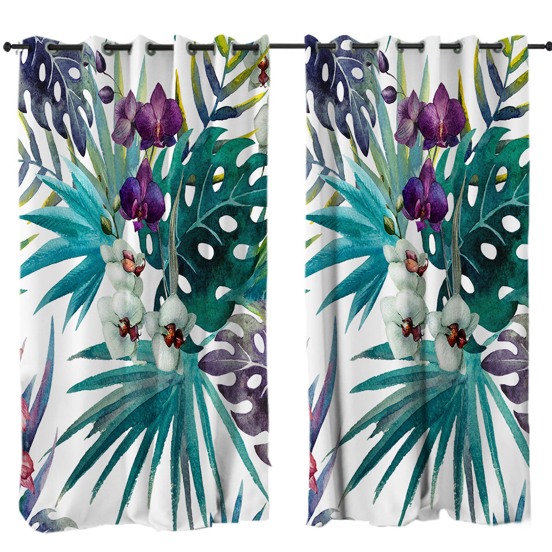 Tropical Leaves and Purple White Orchid Flowers Drapes