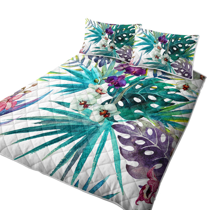 Tropical Leaves and Purple White Orchid Flowers King Quilt