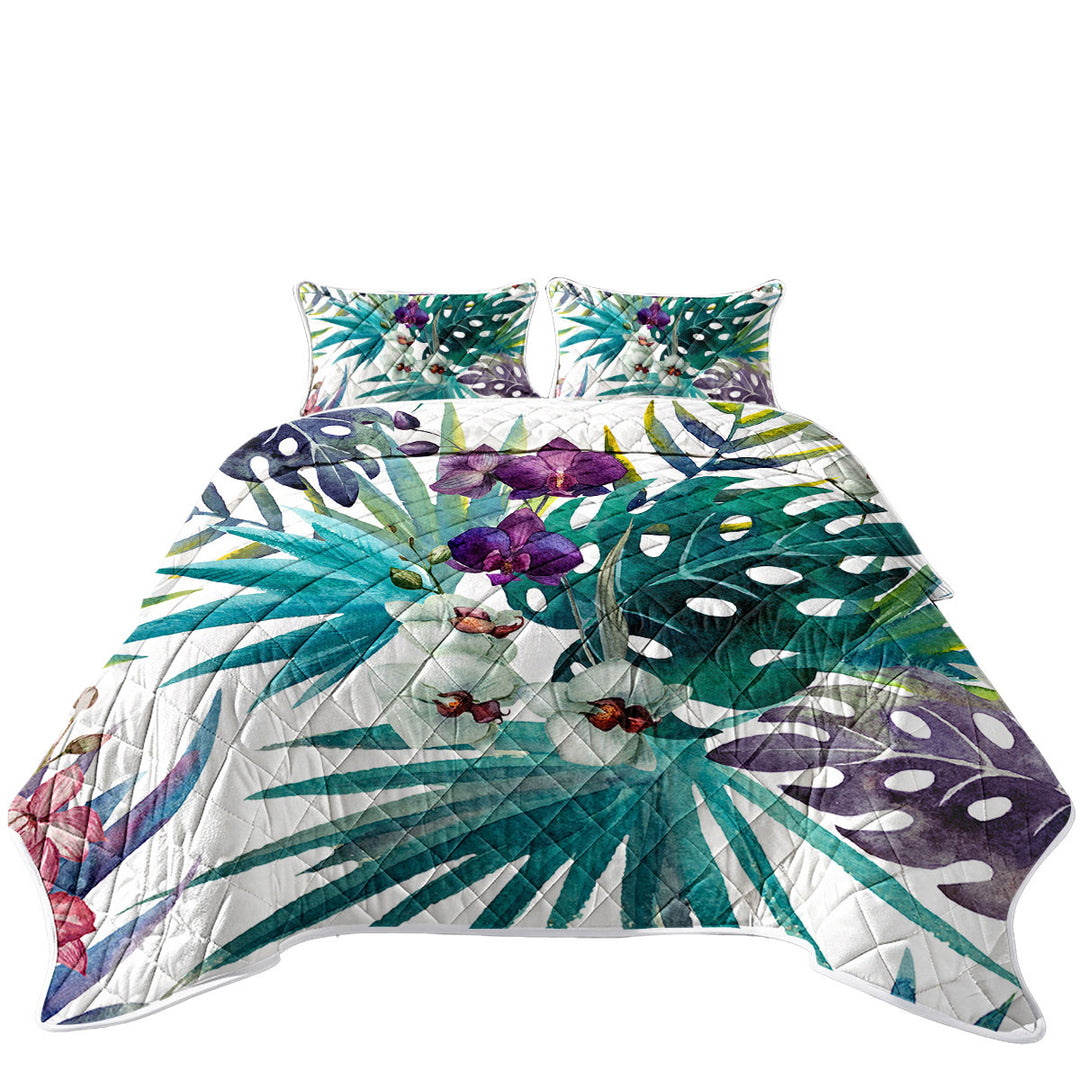 Tropical Leaves and Purple White Orchid Flowers King Size Bedspreads