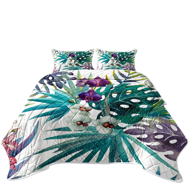 Tropical Leaves and Purple White Orchid Flowers King Size Bedspreads