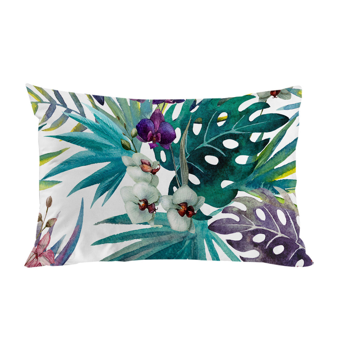 Tropical Leaves and Purple White Orchid Flowers Pillowcase