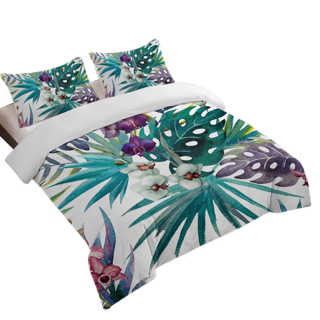 Tropical Leaves and Purple White Orchid Flowers Twin Duvet Covers