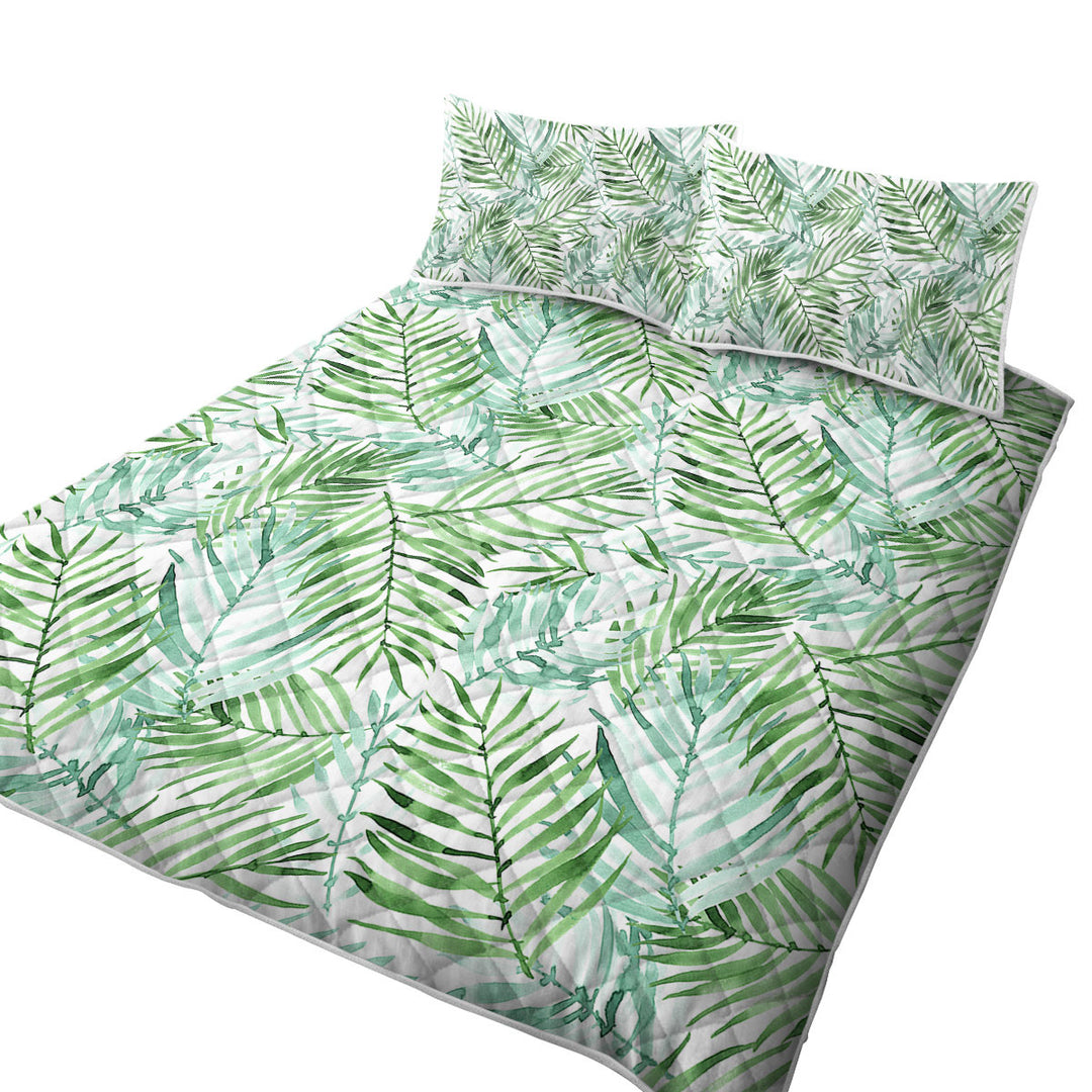 Tropical Mood Green Palm Leaves California King Quilt Sets
