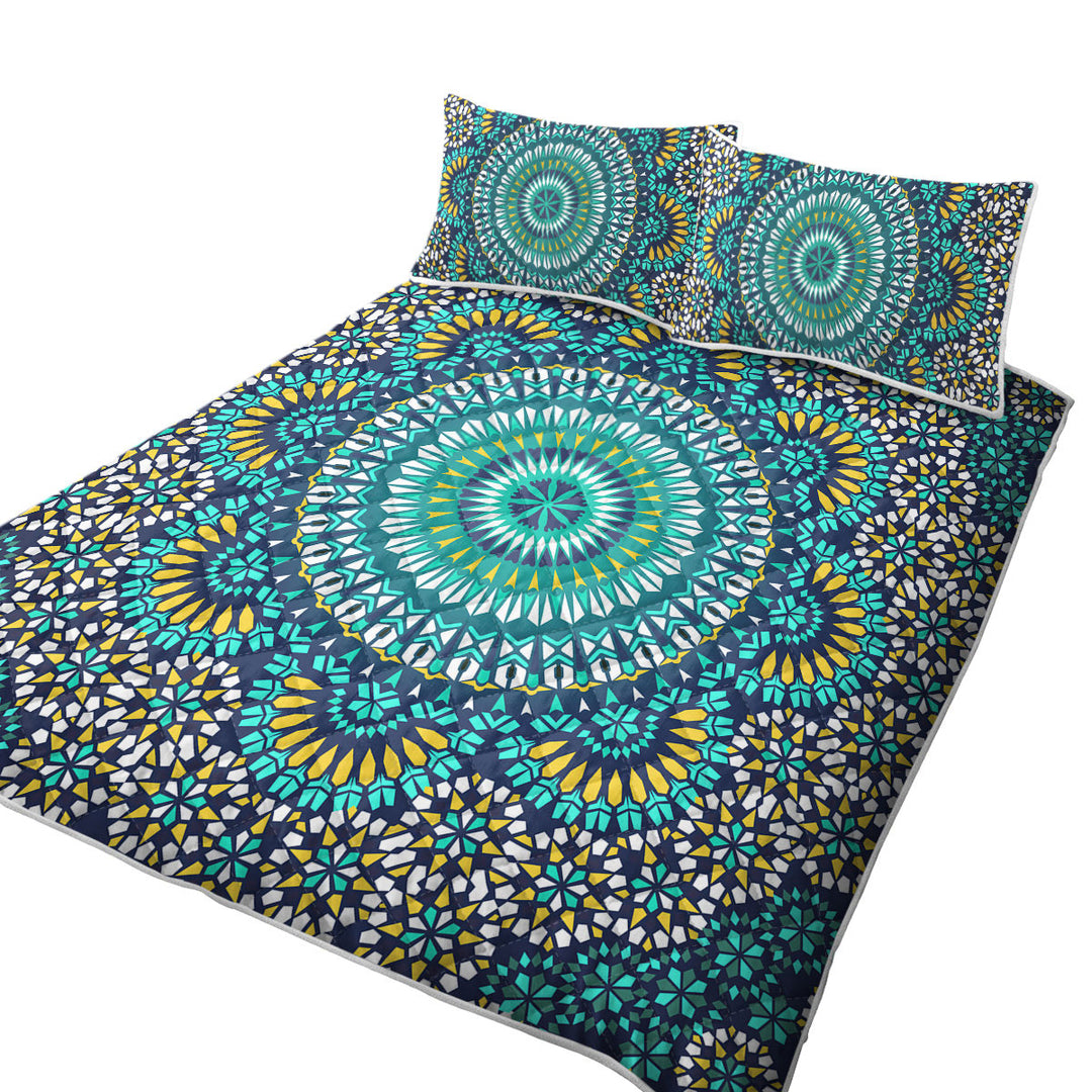 Turquoise White and Yellow Mandala Coverlets