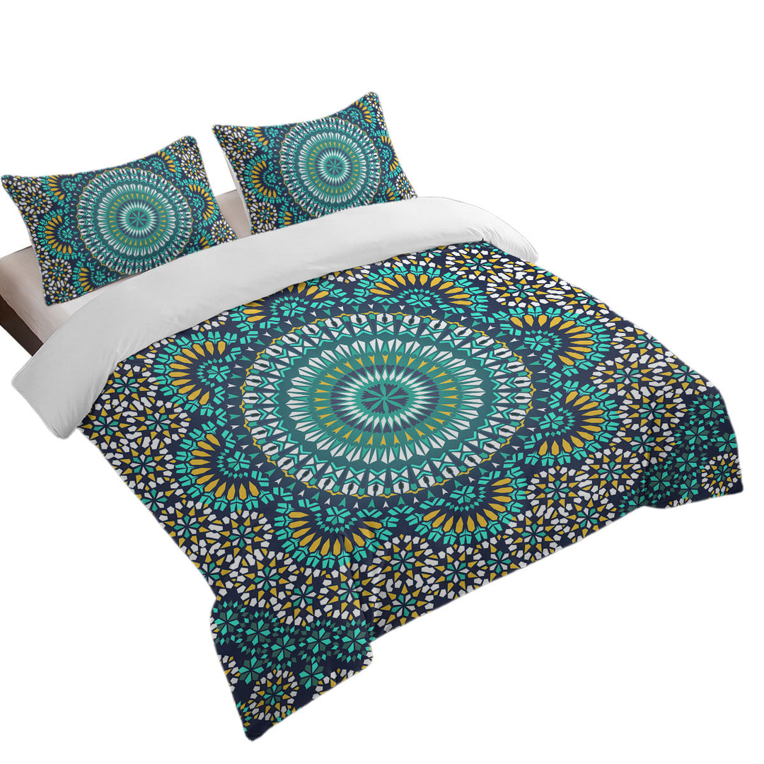 Turquoise White and Yellow Mandala Duvet Cover