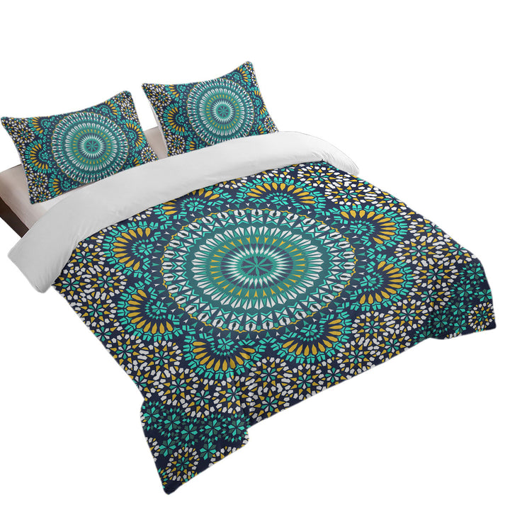 Turquoise White and Yellow Mandala Duvet Cover