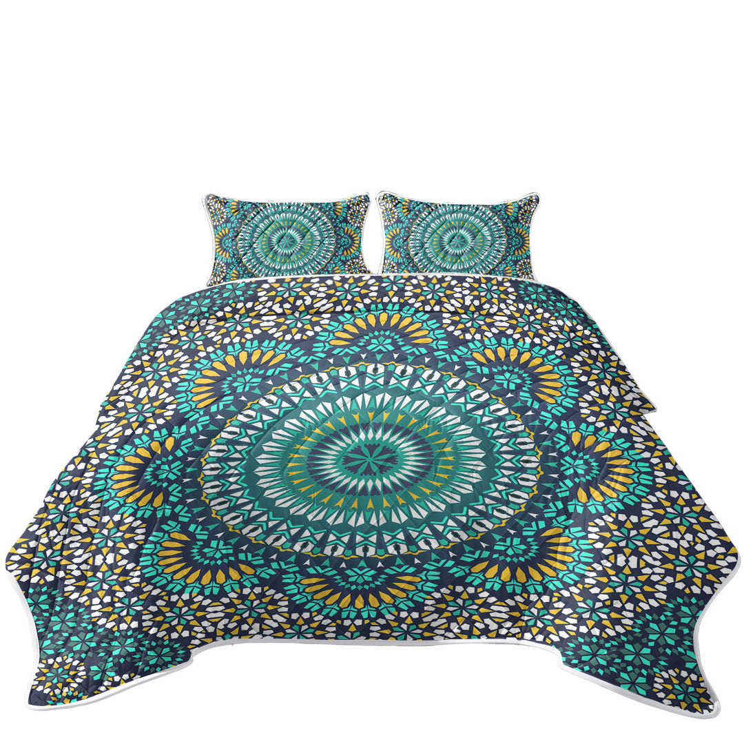 Turquoise White and Yellow Mandala King Size Quilt Sets