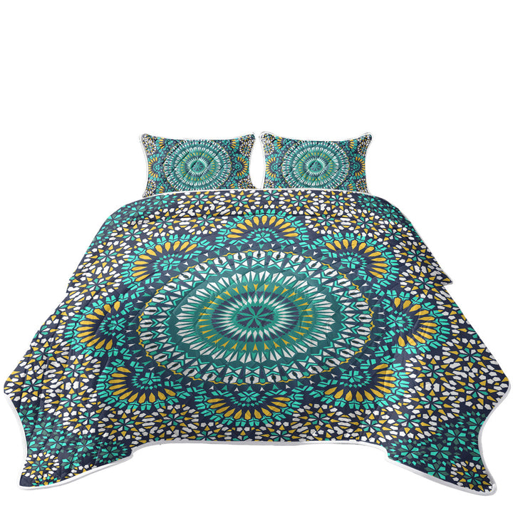 Turquoise White and Yellow Mandala King Size Quilt Sets