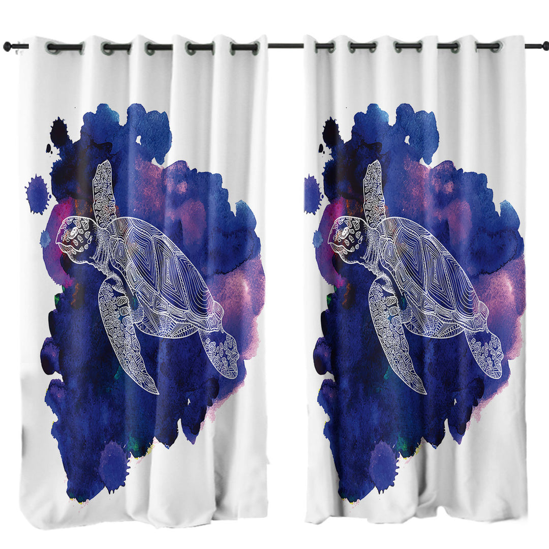 Turtle over Dark Blue Paint Stain Curtains