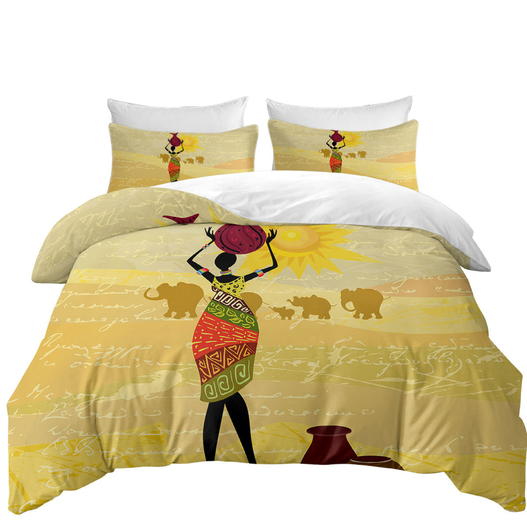 Twin Duvet Covers with African Woman and an Elephant Parade