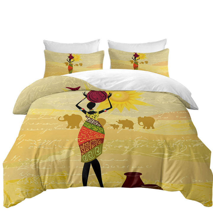 Twin Duvet Covers with African Woman and an Elephant Parade