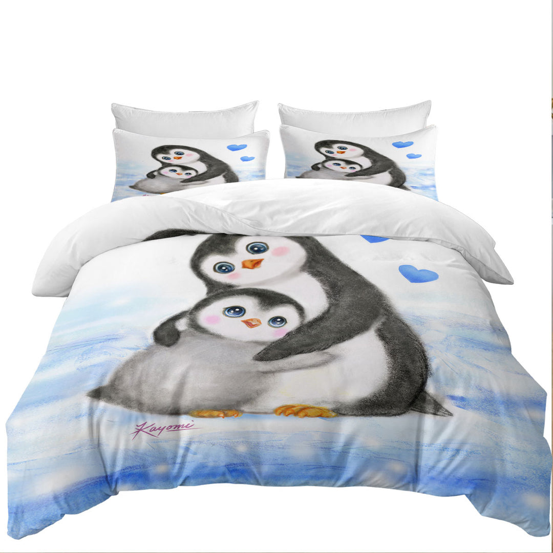 Twin Duvet Covers with Cute Animal Art Drawings Penguins Mom and Baby