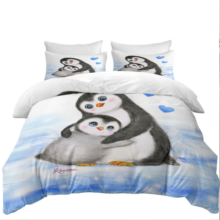 Twin Duvet Covers with Cute Animal Art Drawings Penguins Mom and Baby