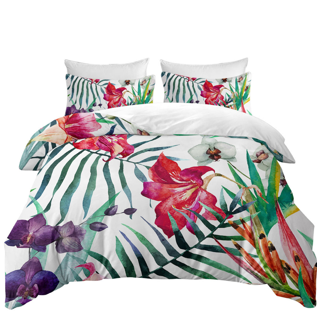 Twin Duvet Covers with Purple White Orchid and Red Hibiscus Flowers
