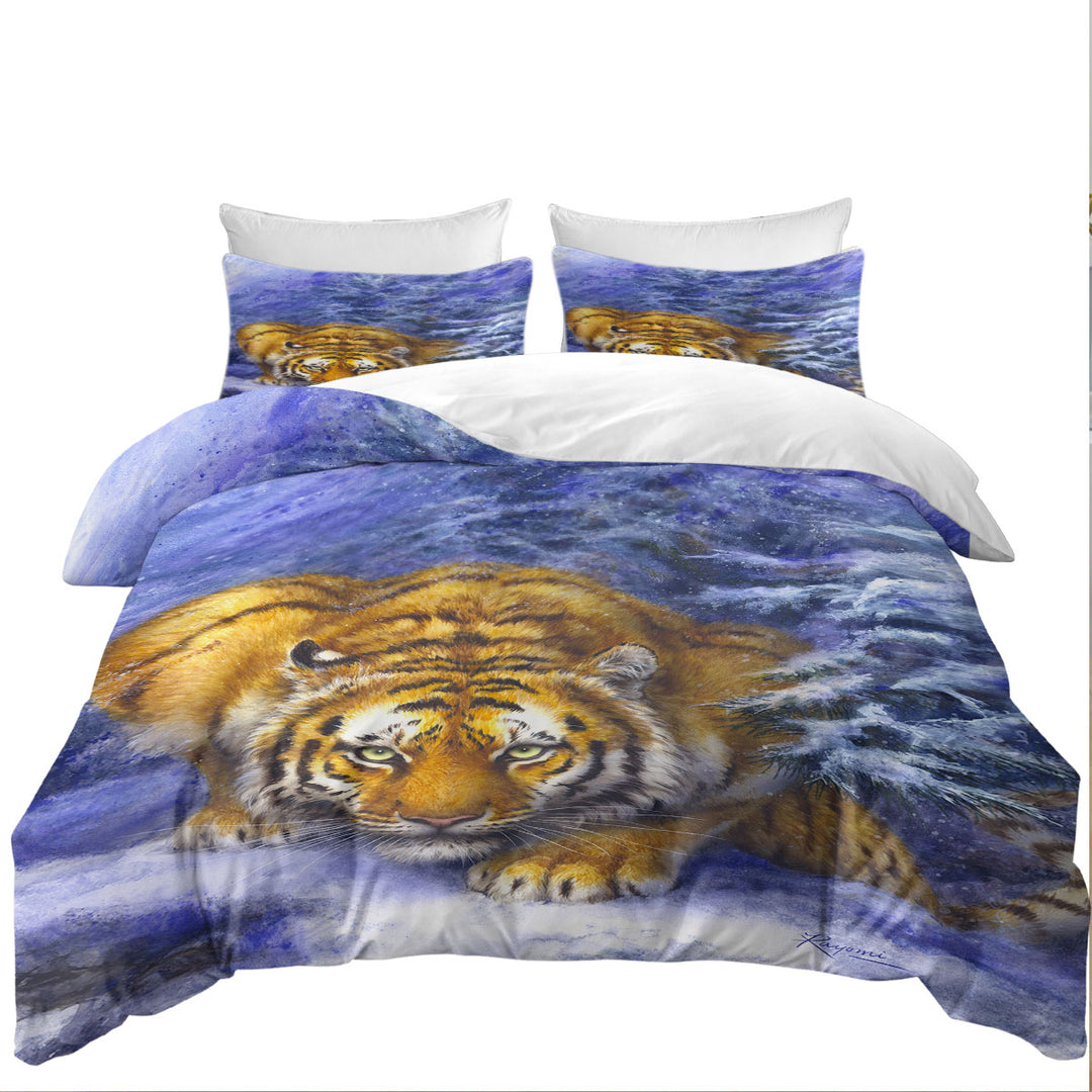 Twin Duvet Covers with Winter Forest Cool Hunting Pose Tiger