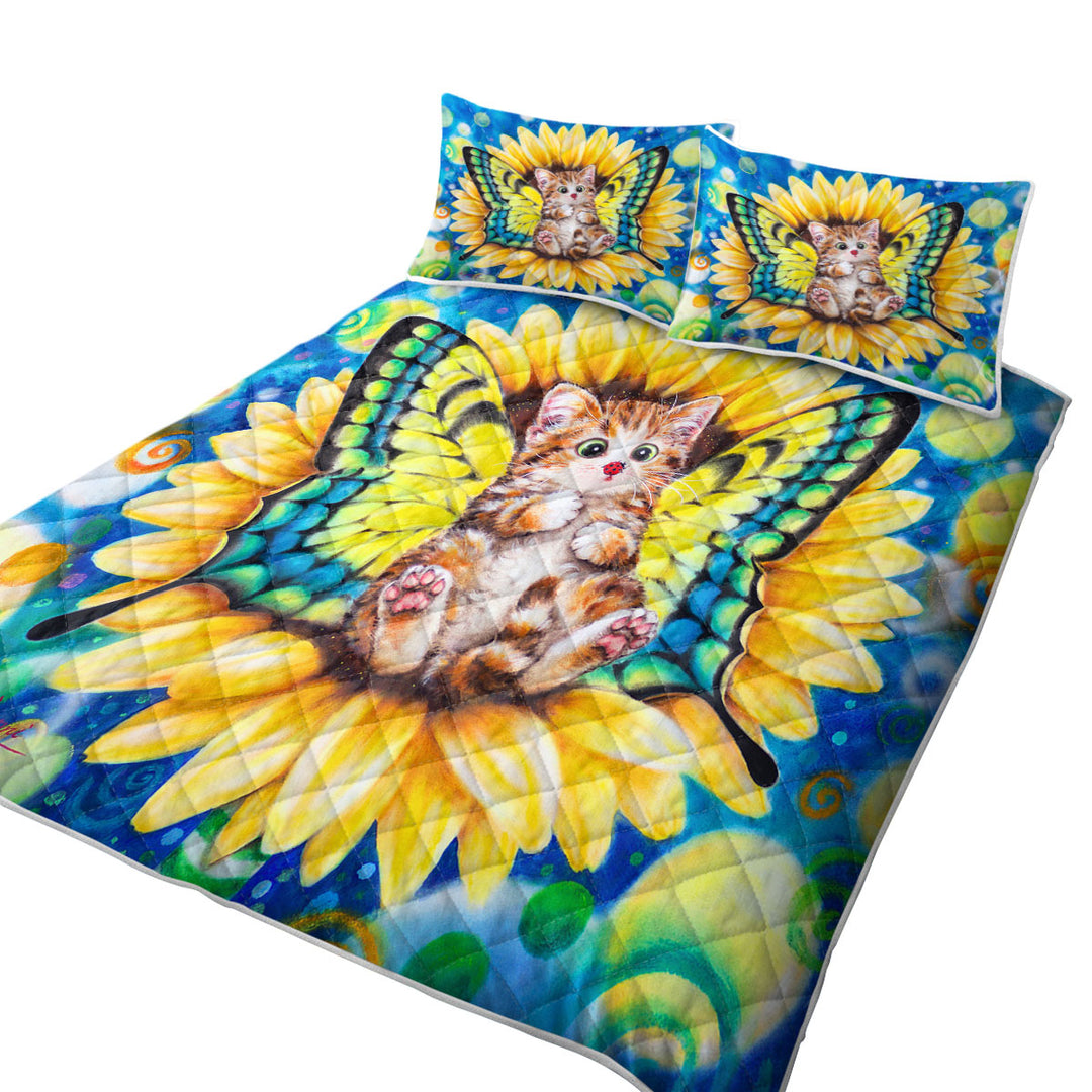 Twin Quilt with Adorable Kittens for Kids Sunflower Fairy Cat