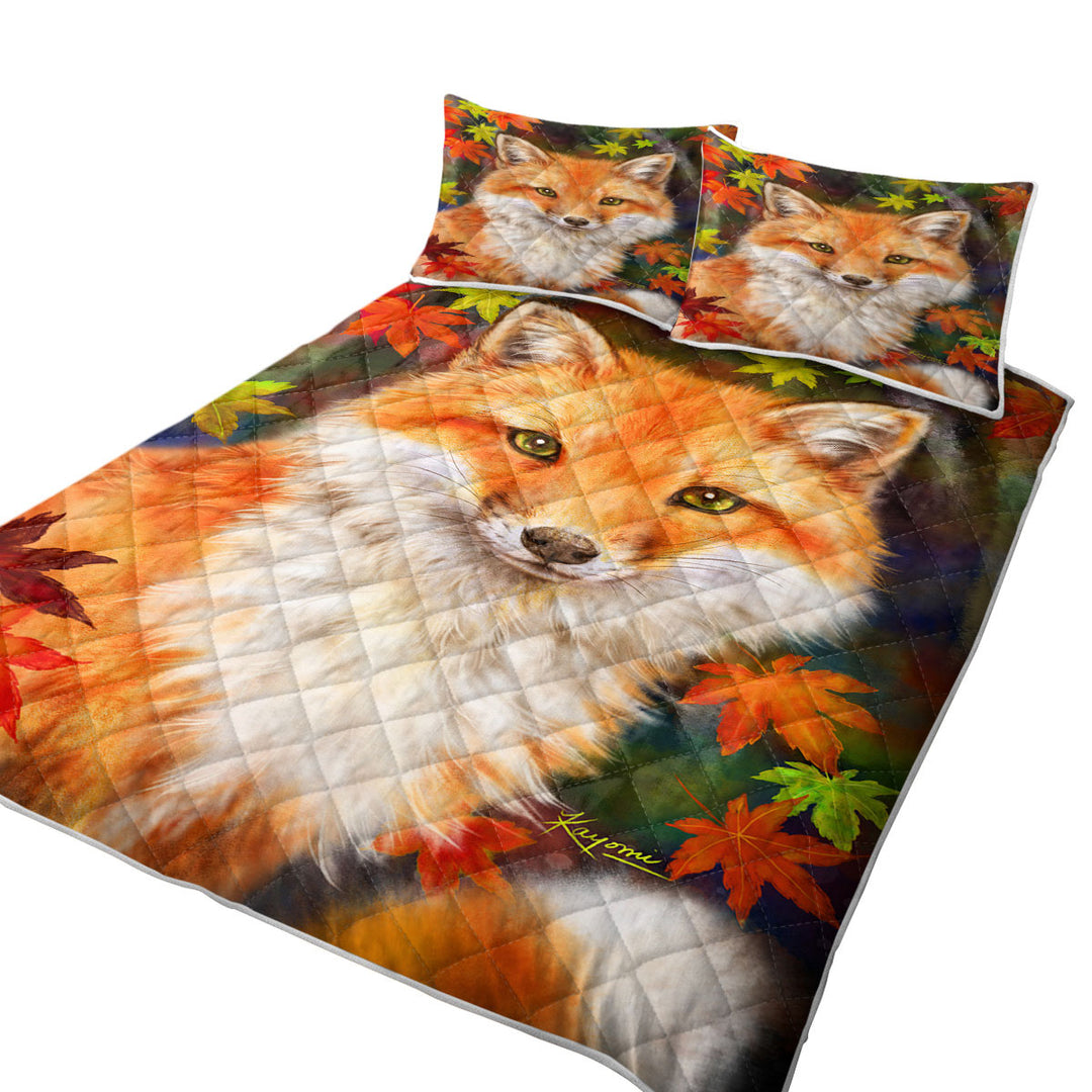 Twin Quilt with Animal Paintings Fox with Autumn Leaves