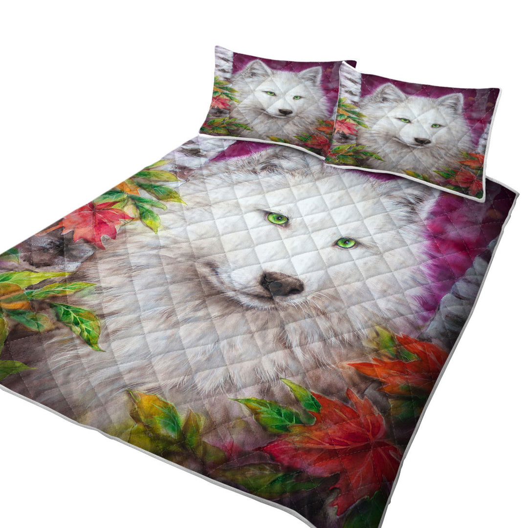 Twin Quilt with Art Painting Autumn White Lady Wolf