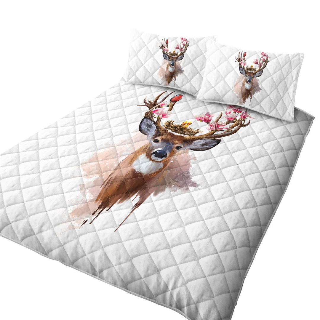 Twin Quilt with Art Painting Cute Birds Nest on Deer Antlers
