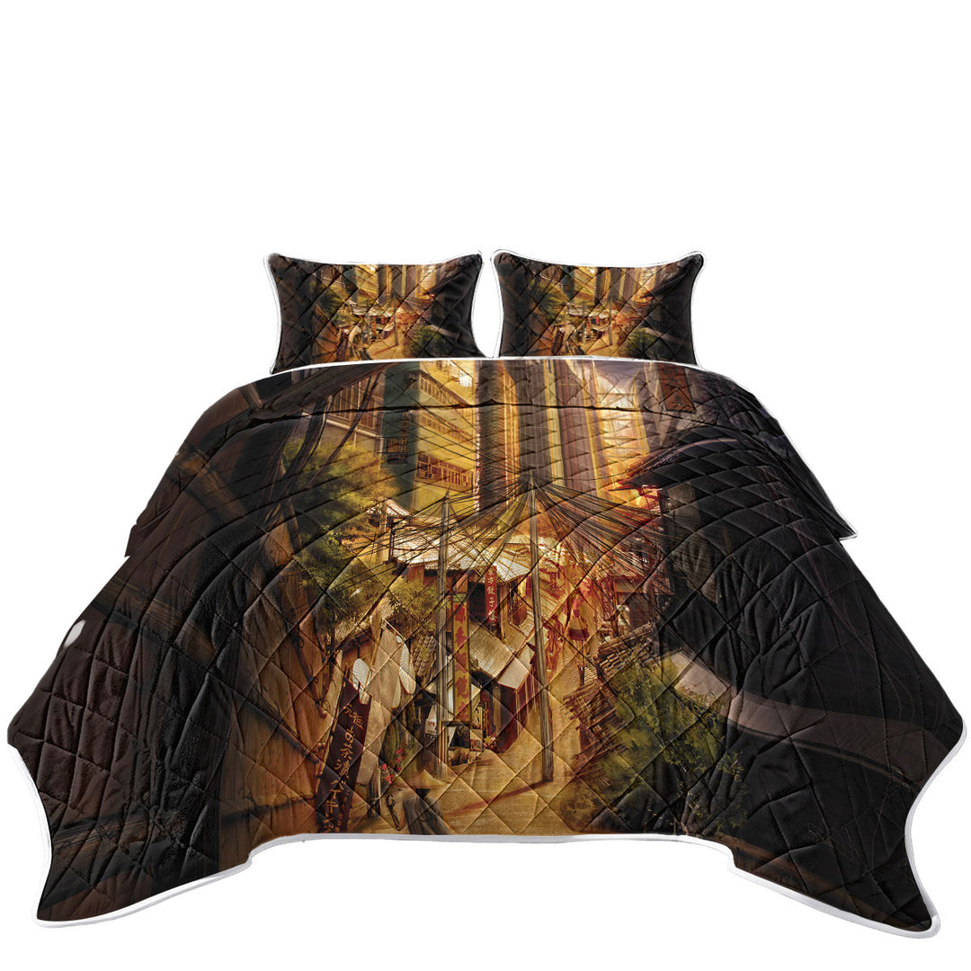 Twin Quilt with Asian Art Painting Tokyo City Markets