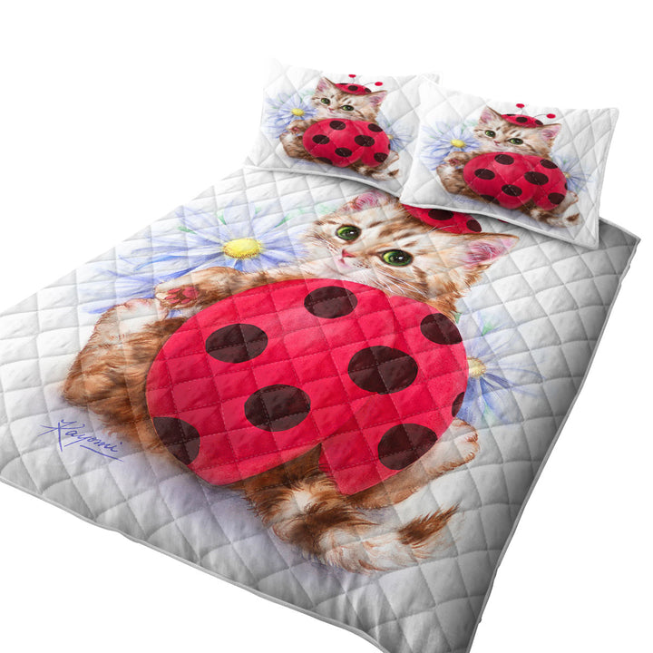Twin Quilt with Cat for Kids Daisy Flowers and Ladybug Kitten