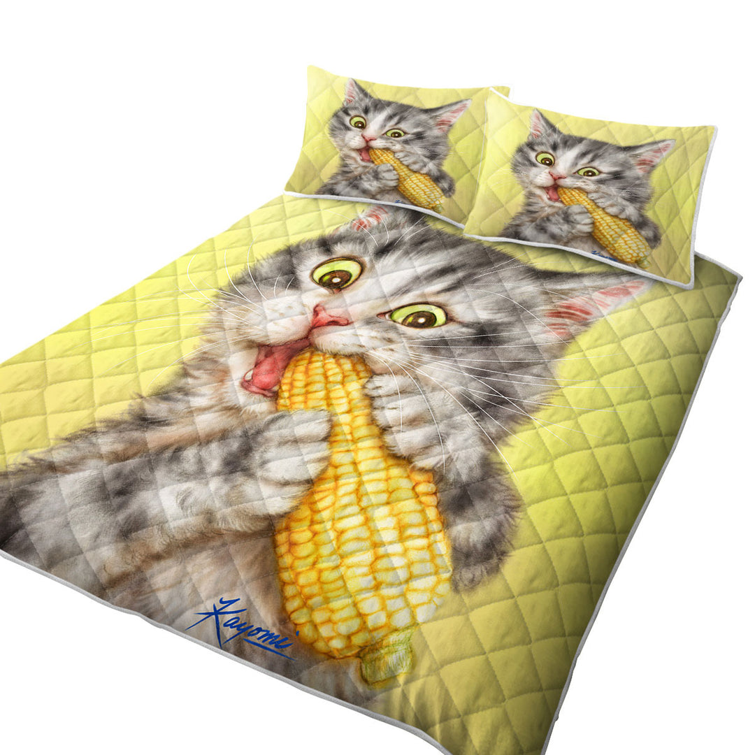 Twin Quilt with Cats Funny Art Painting Grey Tabby Eating Corn
