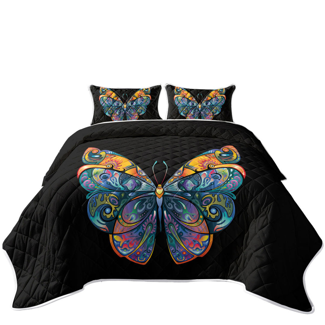 Twin Quilt with Colorful Butterfly over Black