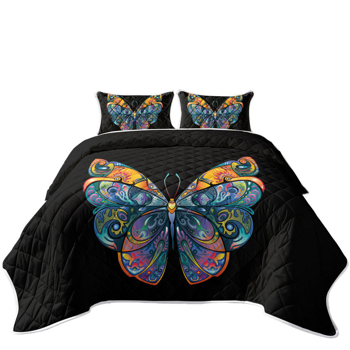 Twin Quilt with Colorful Butterfly over Black