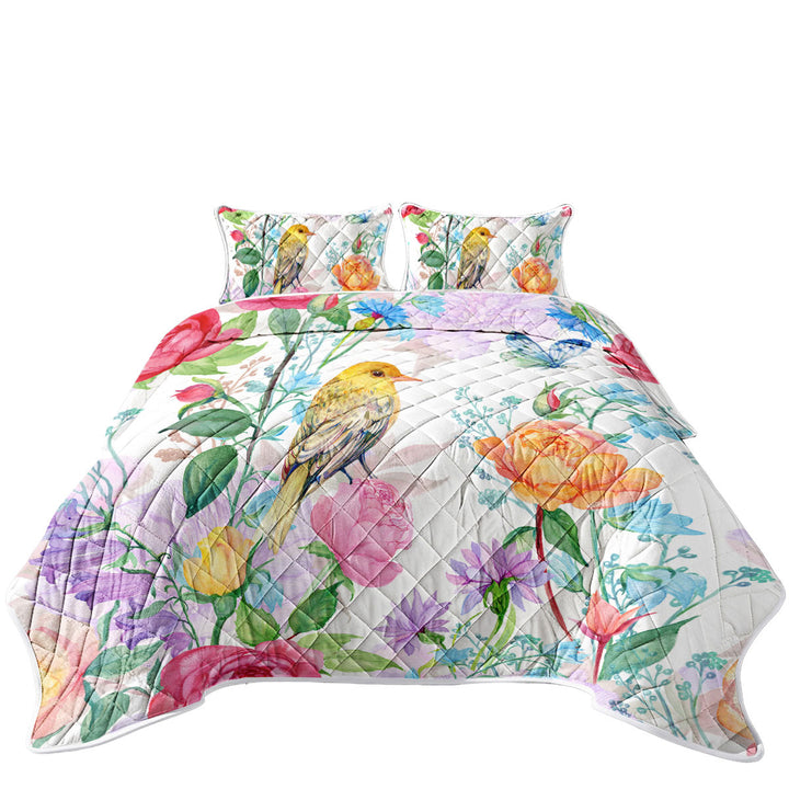 Twin Quilt with Colorful Flowers and Bird