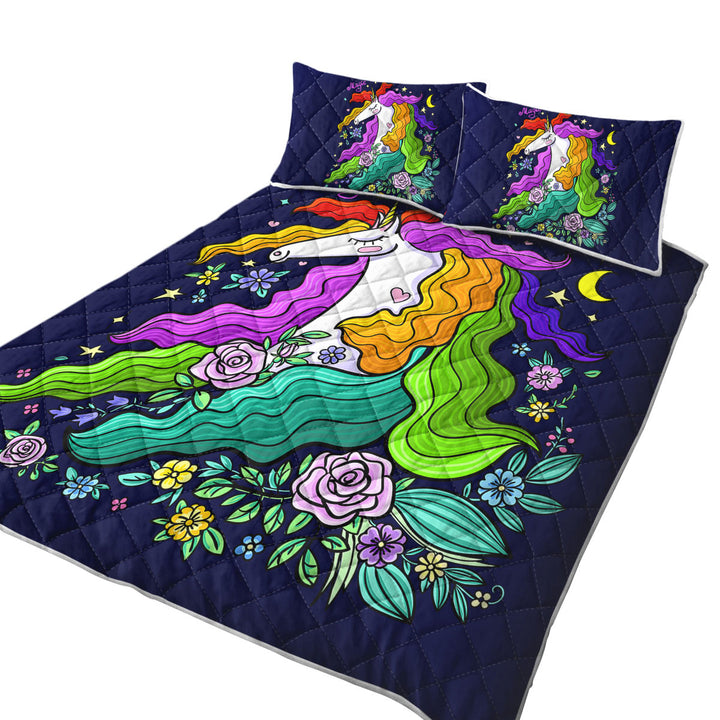 Twin Quilt with Colorful Long Haired Unicorn