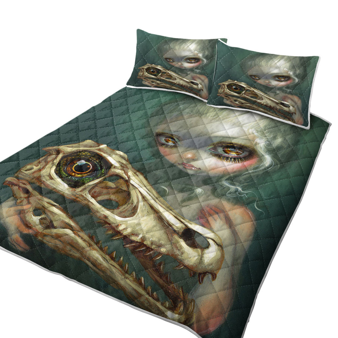 Twin Quilt with Cool Dark Art Girl Holds Resurrected Velociraptor