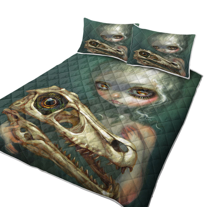 Twin Quilt with Cool Dark Art Girl Holds Resurrected Velociraptor