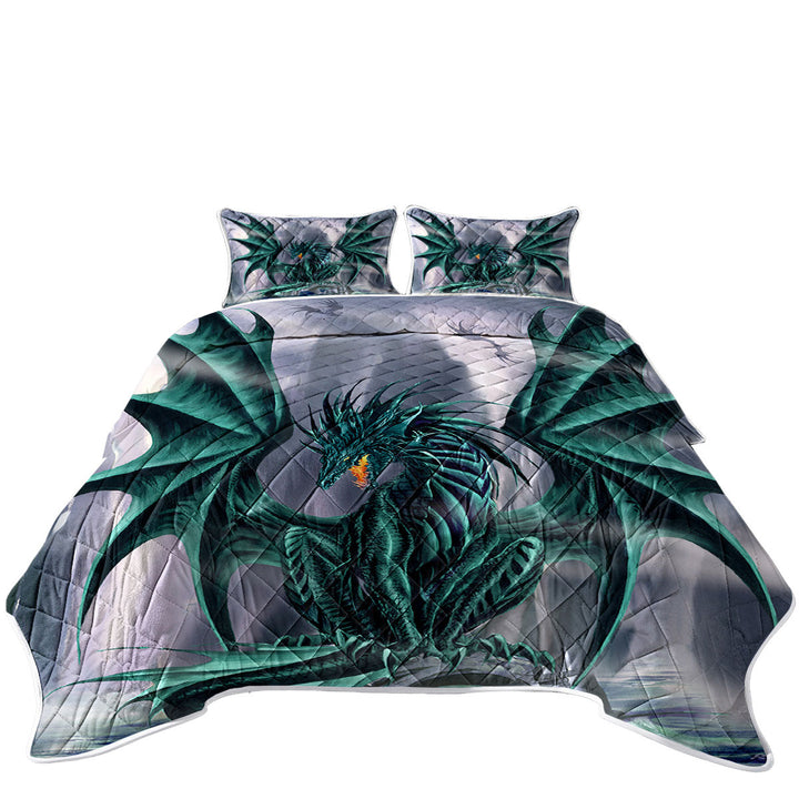 Twin Quilt with Cool Fantasy Design Ocean Cliff Jade Dragon