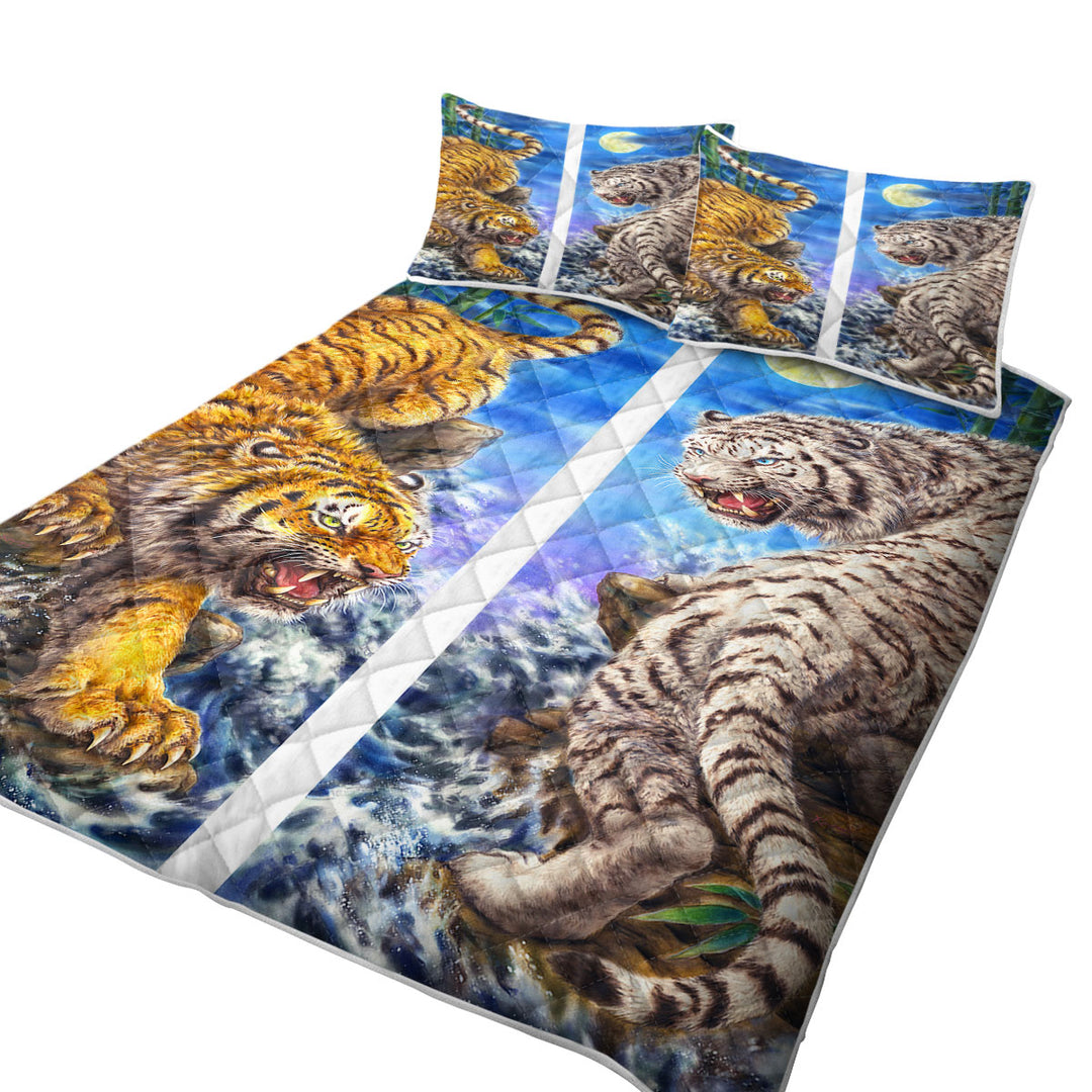 Twin Quilt with Cool Yin and Yang Orange Tiger vs White Tiger