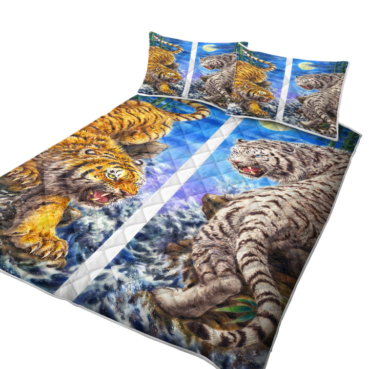 Twin Quilt with Cool Yin and Yang Orange Tiger vs White Tiger