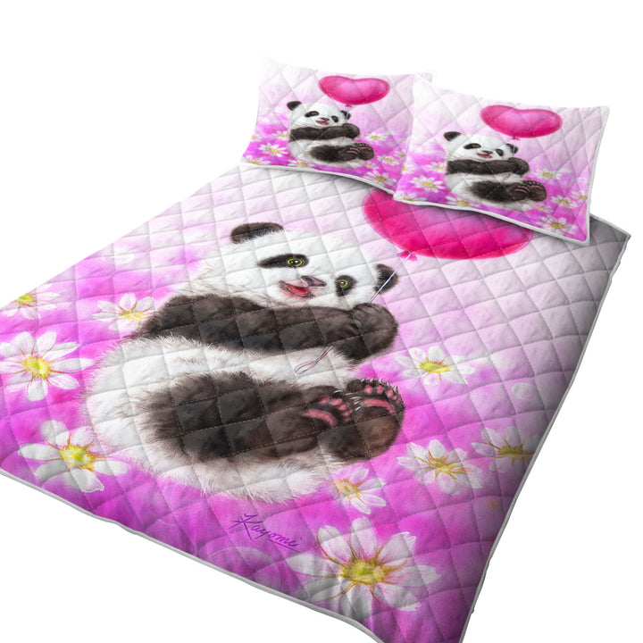 Twin Quilt with Cute Girls Design Flowers Heart Balloon and Panda