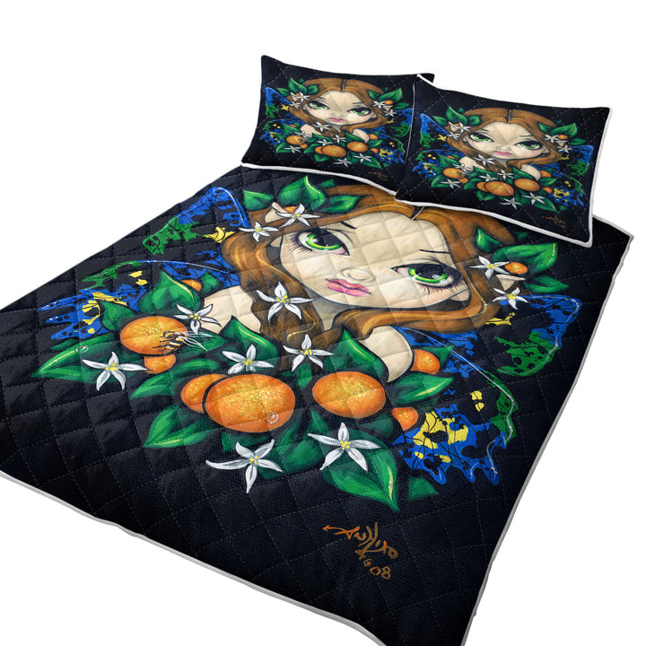 Twin Quilt with Cute Girls Painting Orange Blossom Fairy