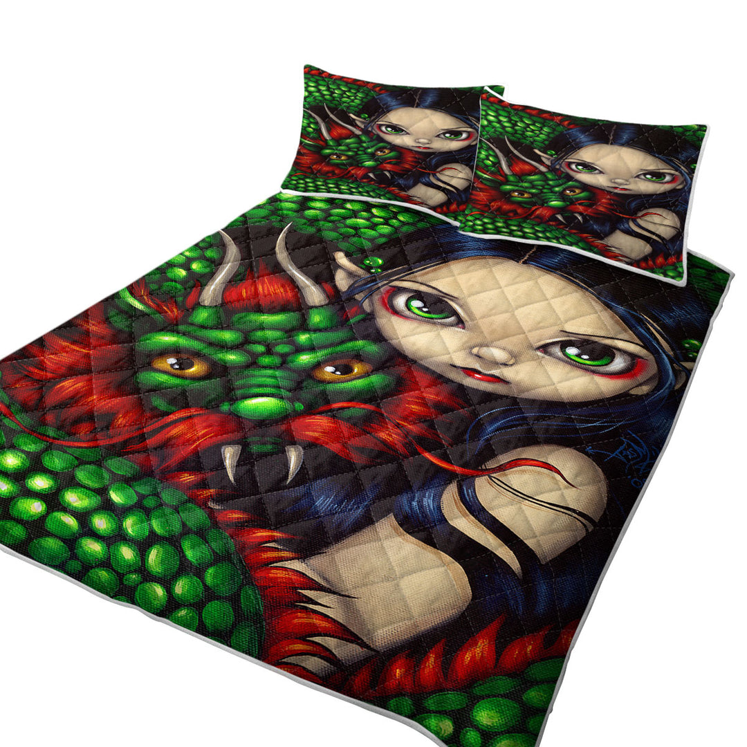 Twin Quilt with Emerald Guardian Elf Maiden and Her Chinese Dragon