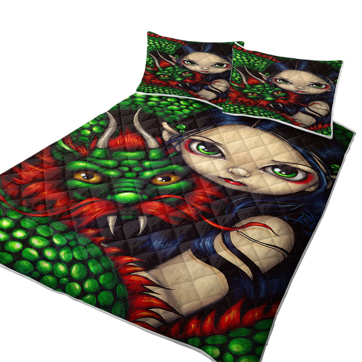 Twin Quilt with Emerald Guardian Elf Maiden and Her Chinese Dragon
